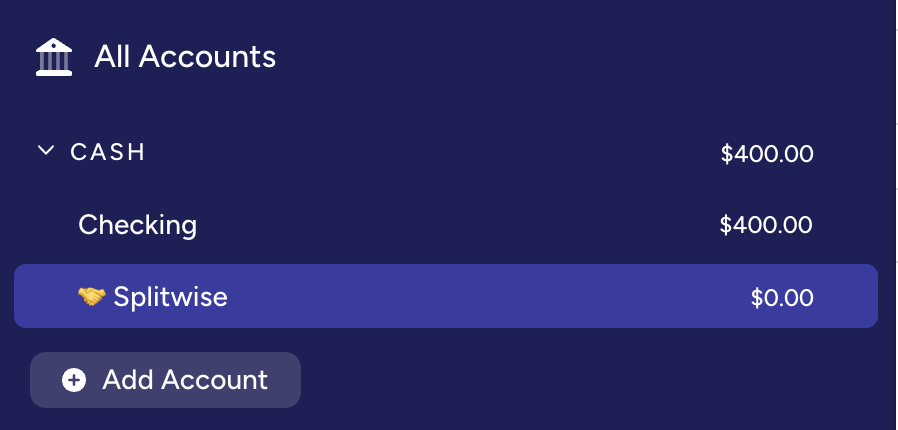 YNAB accounts showing Checking at $400 and Splitwise at $0