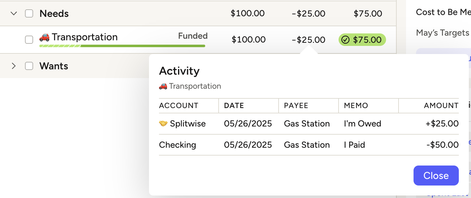YNAB showing both gas transactions