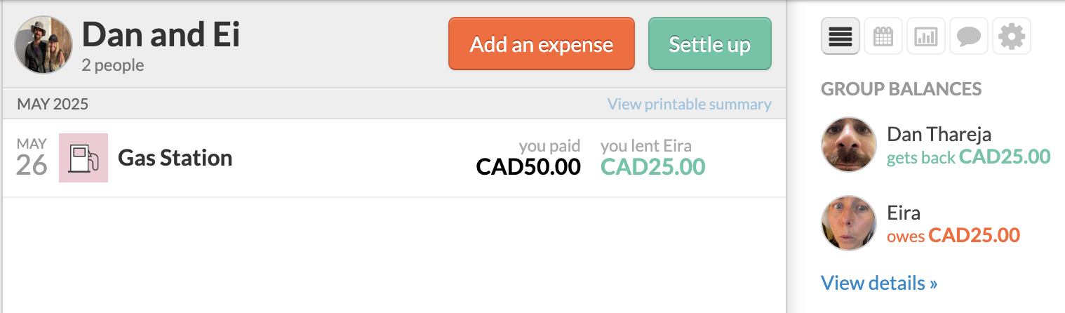 Splitwise showing gas expense split between Dan and Eira