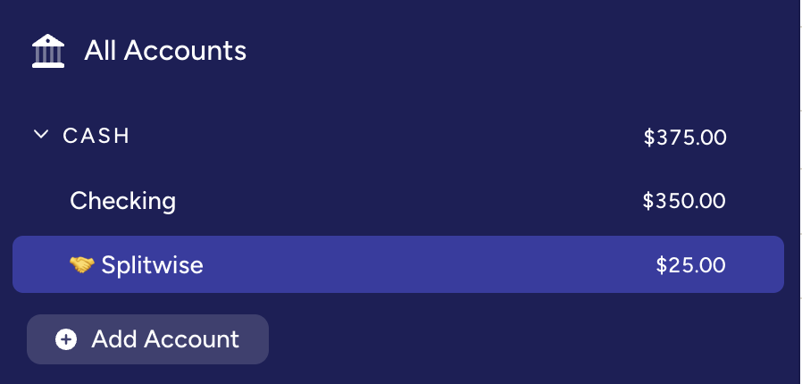 YNAB accounts showing positive Splitwise balance