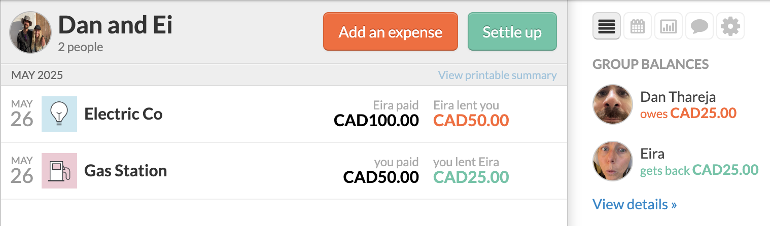 Splitwise showing both gas and electric expenses