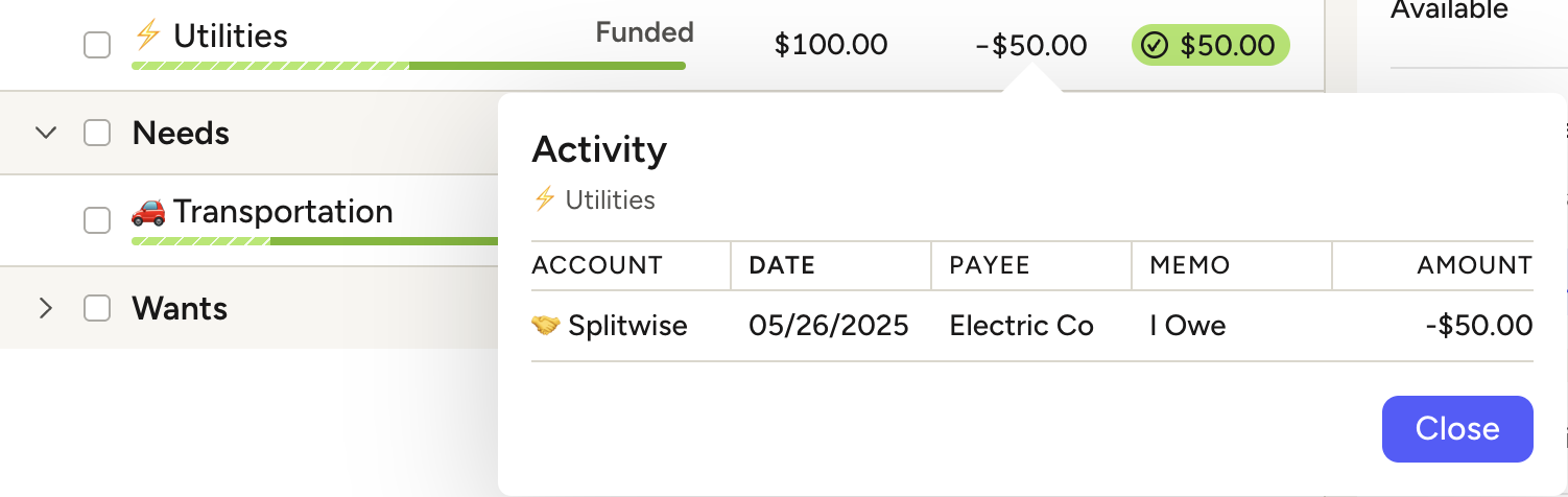 YNAB showing utilities transaction
