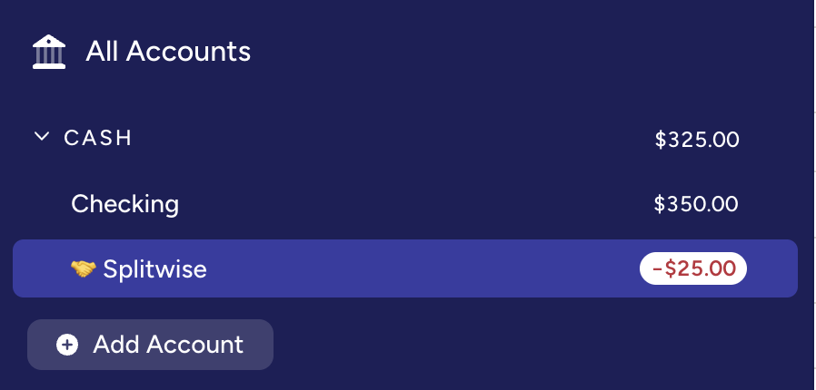 YNAB accounts showing negative Splitwise balance