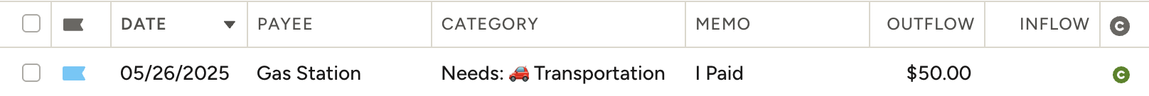 YNAB transaction showing $50 gas expense